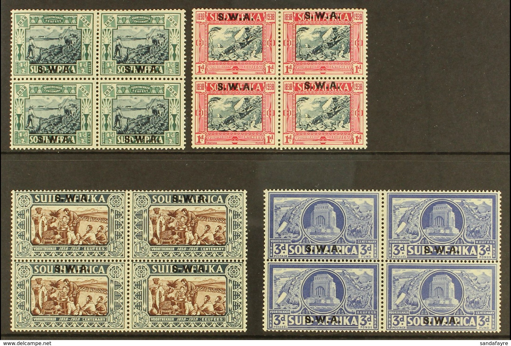 1938 Voortrekker Centenary Memorial Set, SG 105/108 In Fine Mint/NHM Blocks Of 4, The Lower Stamps In Each Block Being N - África Del Sudoeste (1923-1990)