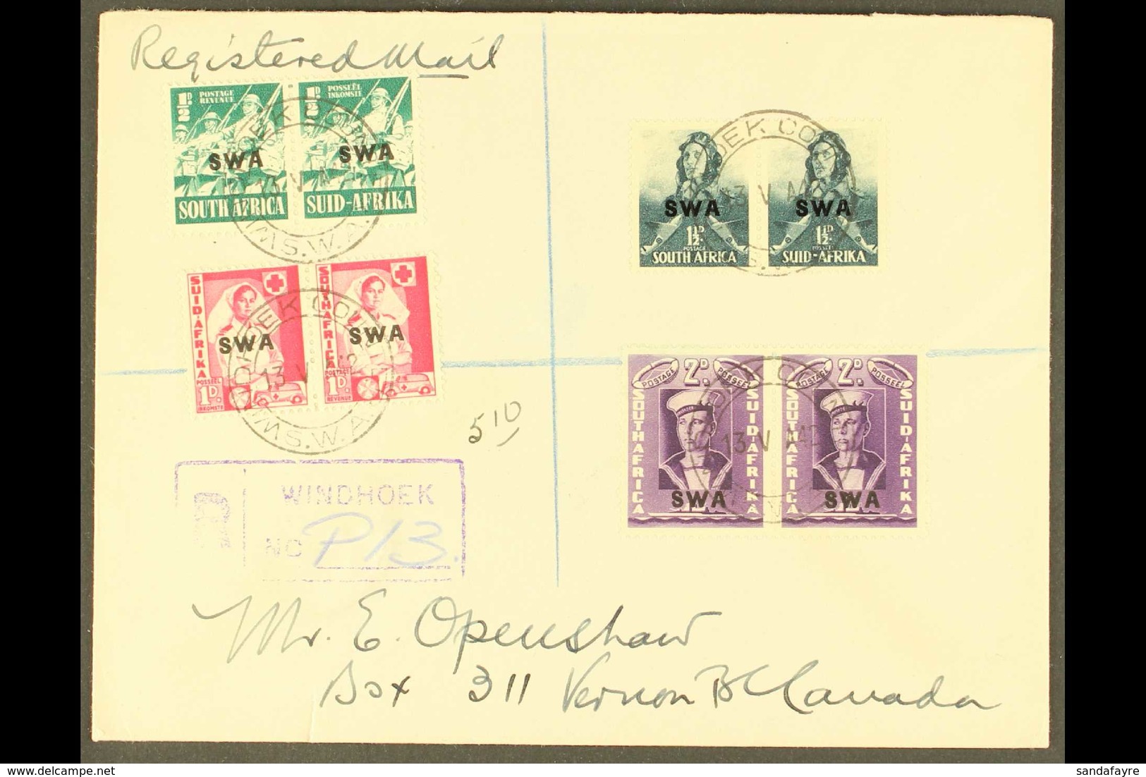 1941-4 WAR EFFORT SETS USED ON COVER - Group Of Five Registered Covers To Canada With 1941-3 Large Wars Used On Two Cove - Südwestafrika (1923-1990)