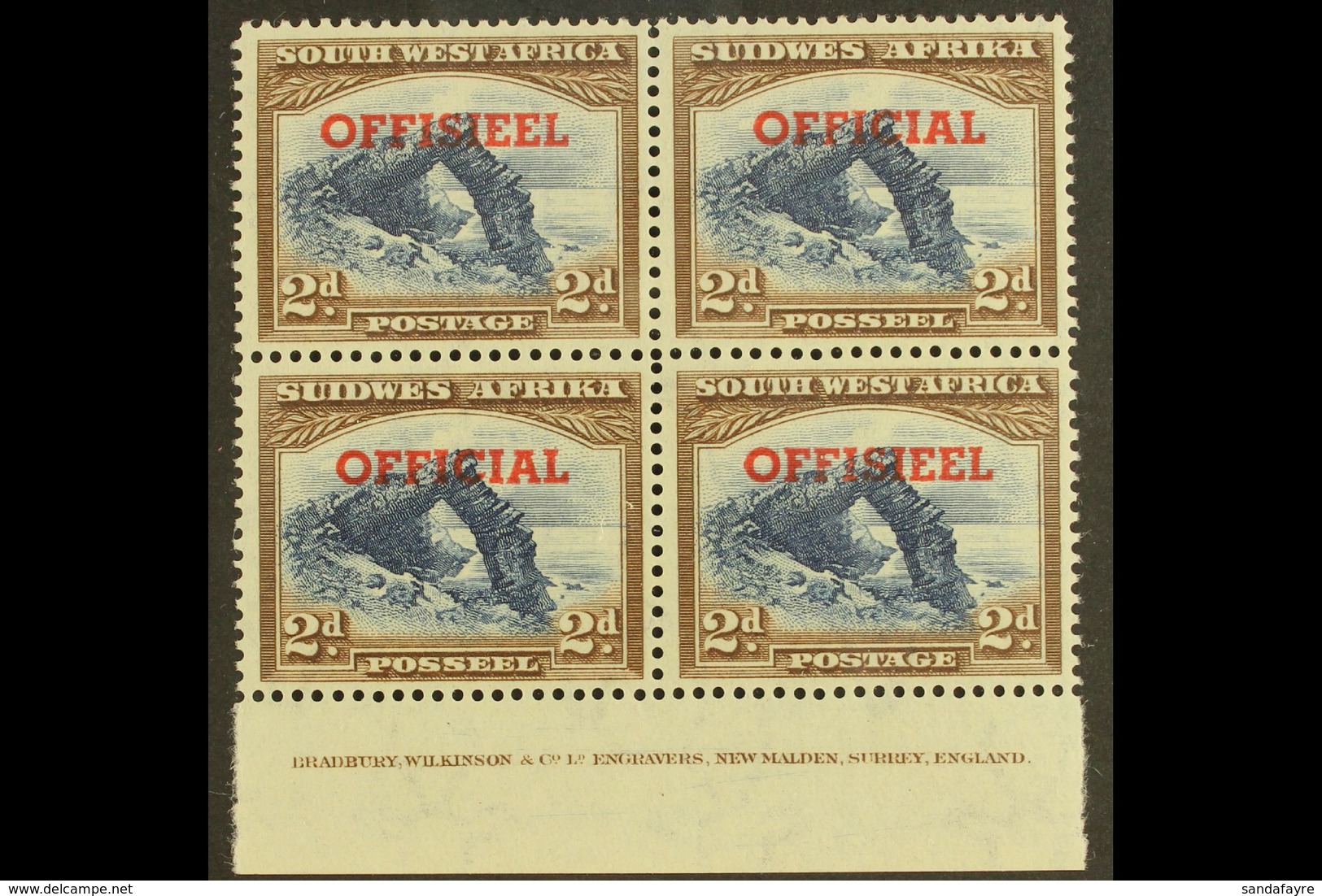 OFFICIAL 1951-2 2d TRANSPOSED OVERPRINTS In An Imprint Block Of Four, SG O26a, Top Pair Lightly Hinged, Lower Pair Never - África Del Sudoeste (1923-1990)