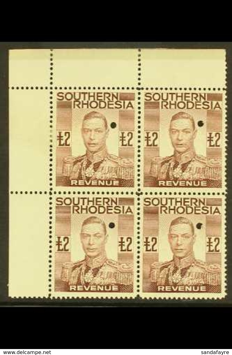 1937 £2 Brown, Geo VI, Revenue, Punched Proof, Perforated Top Left Corner Block Of 4 , Very Fine Mint. For More Images,  - Zuid-Rhodesië (...-1964)