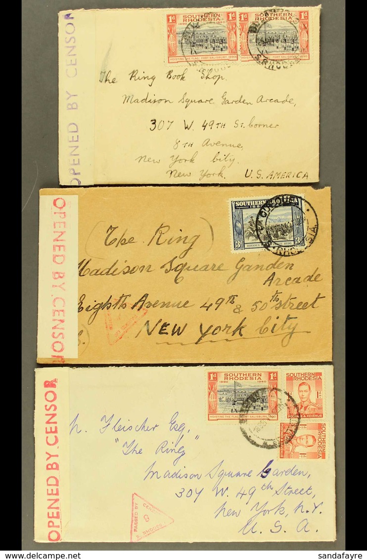 1941 OPENED BY CENSOR Three Envelopes To USA, Bearing KGVI Frankings, From Que Que, Bulawayo, And Salisbury, Each With R - Rhodesia Del Sud (...-1964)