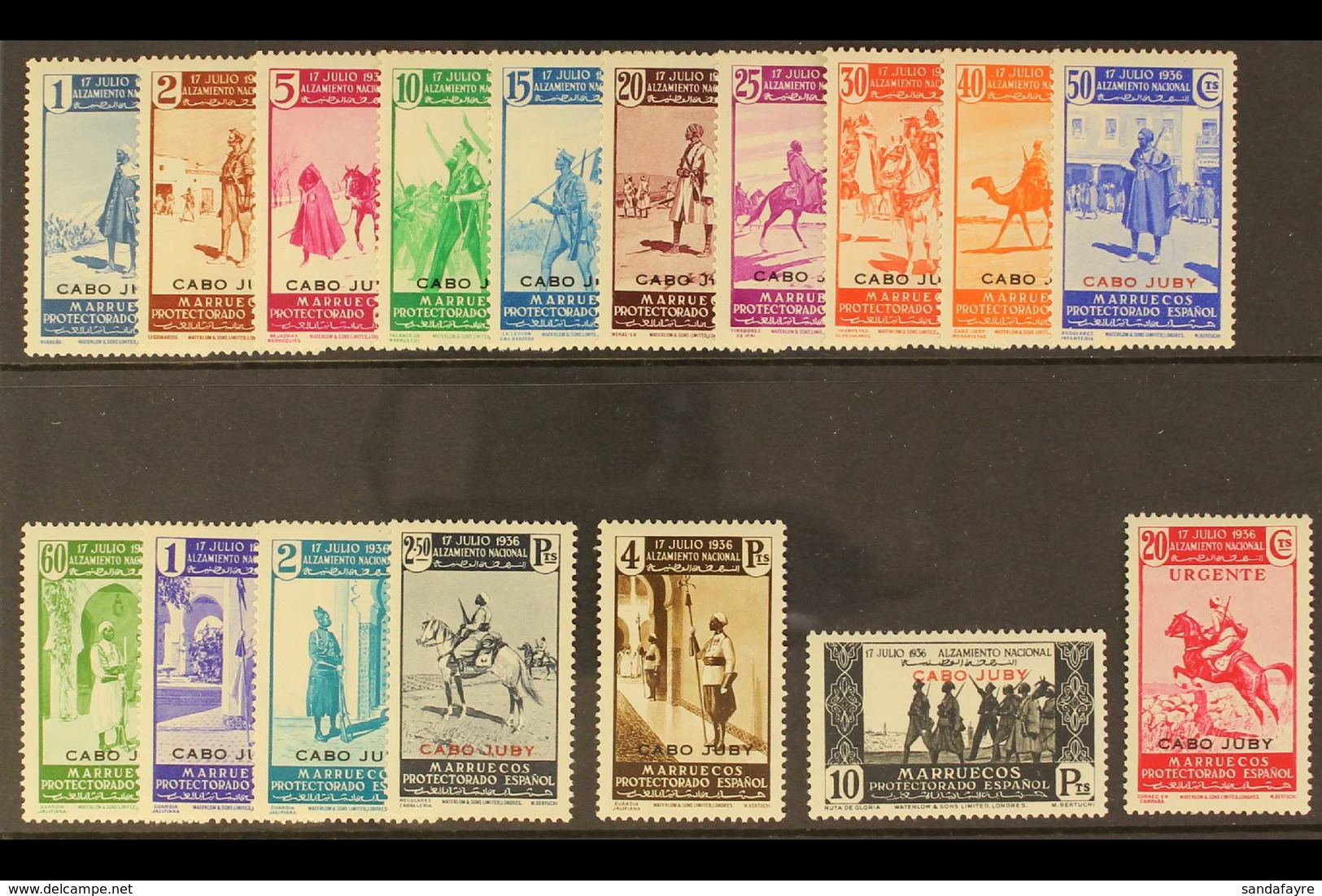 CAPE JUBY 1937 First Anniv. Of Civil War Set Complete Including The 25c Express Stamp, SG 79/94+E95 (Edifil 85/101), Nev - Altri & Non Classificati