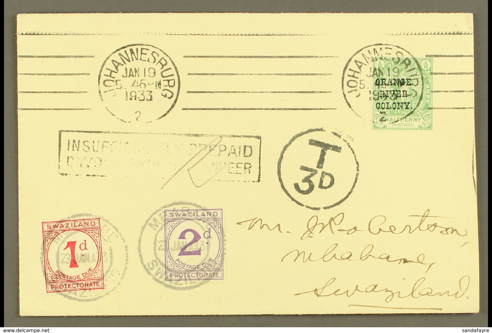 1933 POSTAGE DUE FIRST DAY COVER. 1933 (19 January) A Delightful And Highly Attractive Envelope Bearing Orange River Col - Swaziland (...-1967)