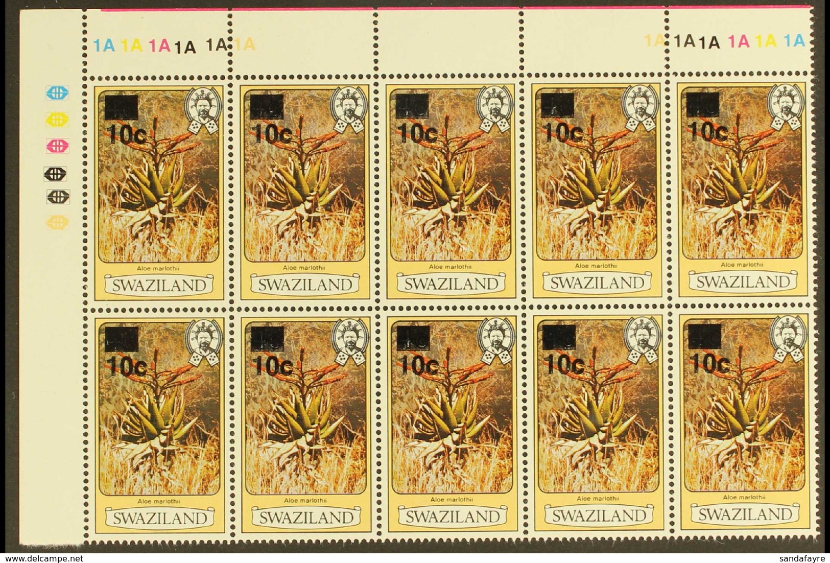 1984 10c On 4c Surcharge Perf 13½ Without Imprint Date, SG 471, Superb Never Hinged Mint Top Left Corner CYLINDER NUMBER - Swasiland (...-1967)