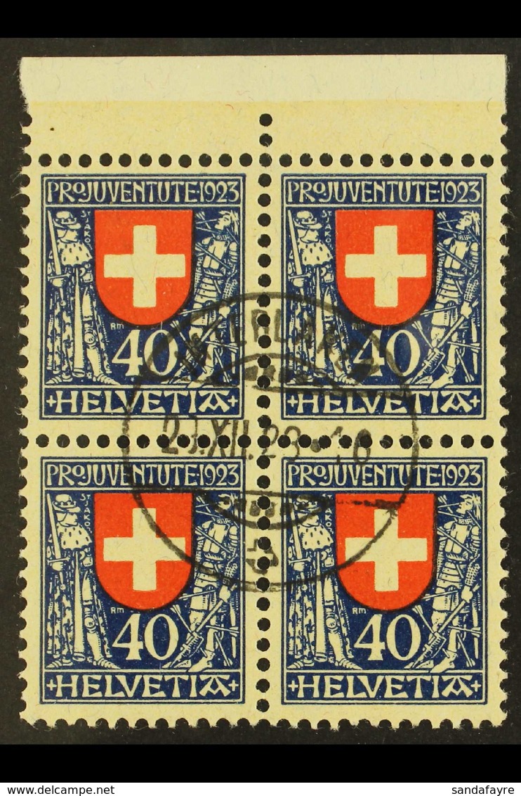 1923 40c (+10c) Pro Juventute (Mi 188, Zum 28), Upper Marginal BLOCK OF FOUR Very Fine Used With Central Cds. For More I - Otros & Sin Clasificación