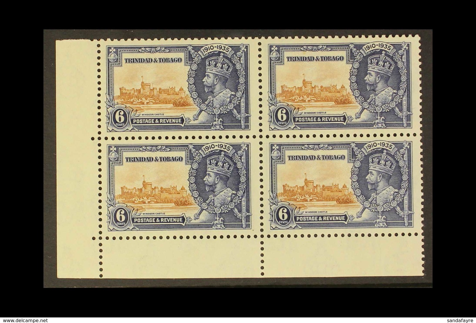 1935 Silver Jubilee 6c "Extra Flagstaff" Variety, SG 241a, Within Lower Corner Marginal Block Of Four (stamps Never Hing - Trindad & Tobago (...-1961)