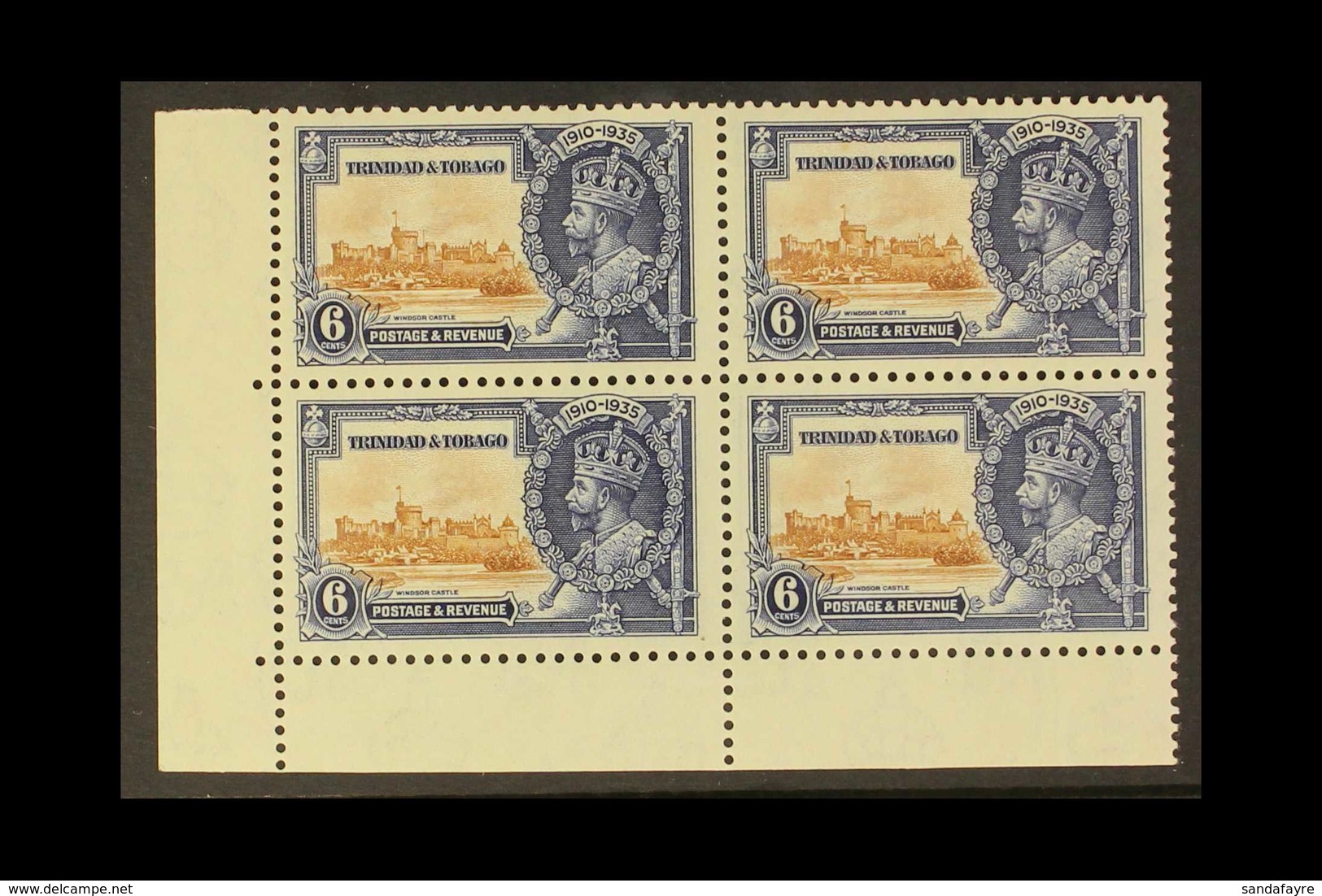 1935 Silver Jubilee 6c "Extra Flagstaff" Variety, SG 241a, Within Lower Corner Marginal Block Of Four (stamps Never Hing - Trinidad Y Tobago