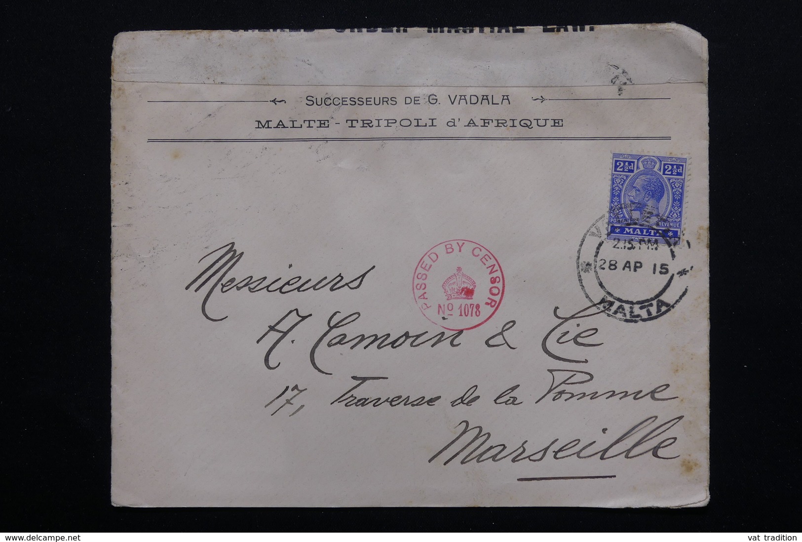 MALTE - Enveloppe De Valletta Pour Marseille En 1915 , Contrôle Postal -  L 20969 - Malte