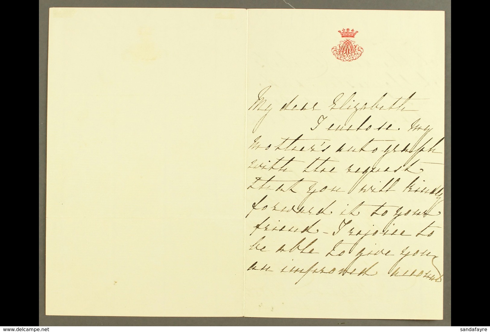 ROYAL FAMILY AUTOGRAPH MARY ADELAIDE (DUCHESS OF TECK) 1856 Autographed Letter Signed On Crested Letter Sheet (Duchess O - Altri & Non Classificati