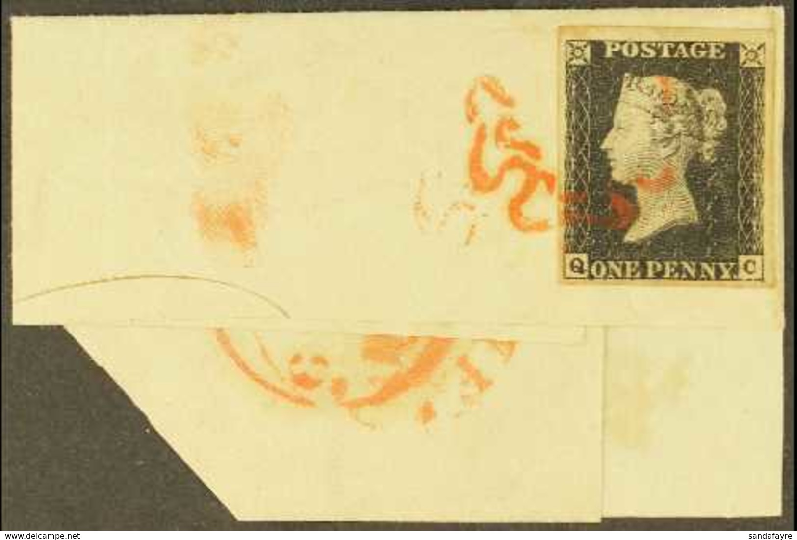 1840 1d Black, Lettered "QC", Plate 4, SG 2, Fine Used With Four Good To Large Neat Margins, Tied To A Large Piece Of En - Zonder Classificatie