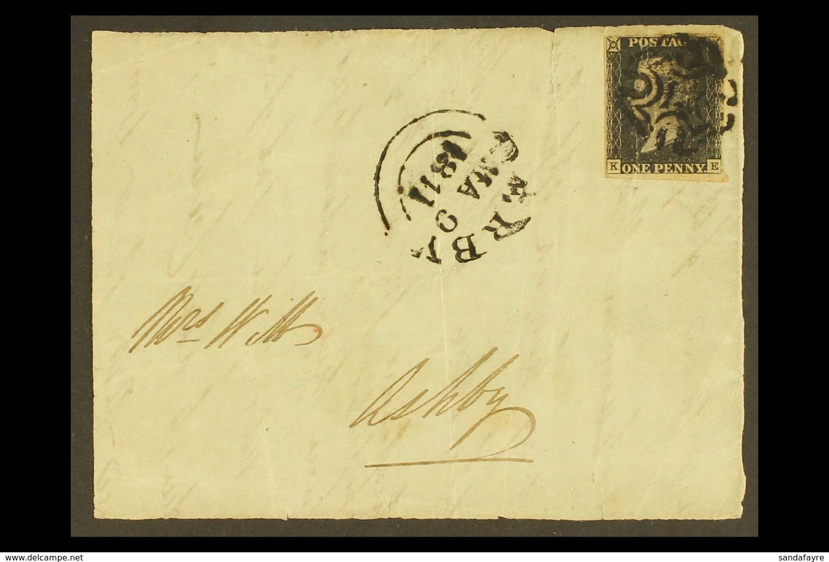 1840 1d Black 'KE' Plate 1b, SG 2, Used On Large Piece/cover Front Tied By Black Maltese Cross Postmark, Plus "Derby / M - Ohne Zuordnung