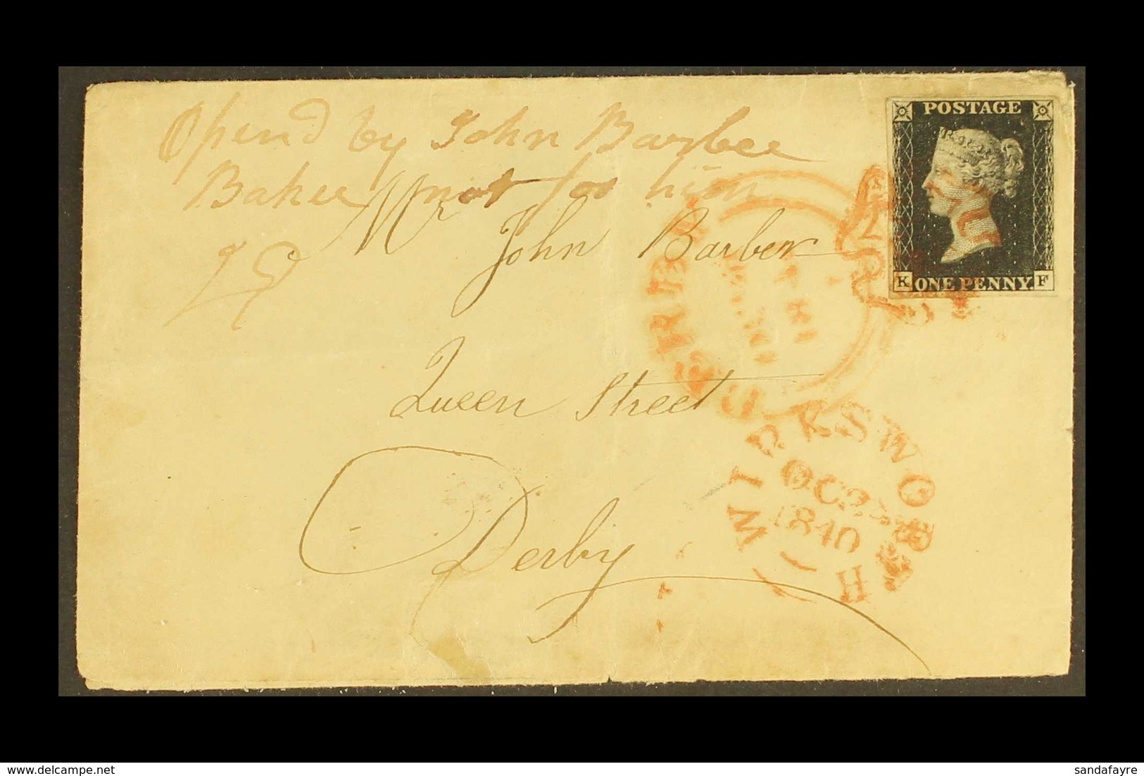 1840 1d Black 'KF' Plate 7, SG 2, With 4 Neat Margins, Tied To 1840 (2? Oct) Envelope From Wirksworth To Derby Tied By P - Unclassified