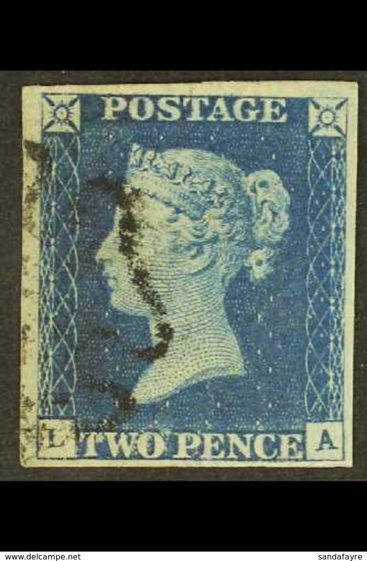 1840 2d Deep Full Blue, SG 4, Check Letters "L - A", 4 Clear Margins, Faint Pressed Crease Does Not Detract, Lovely Stro - Other & Unclassified