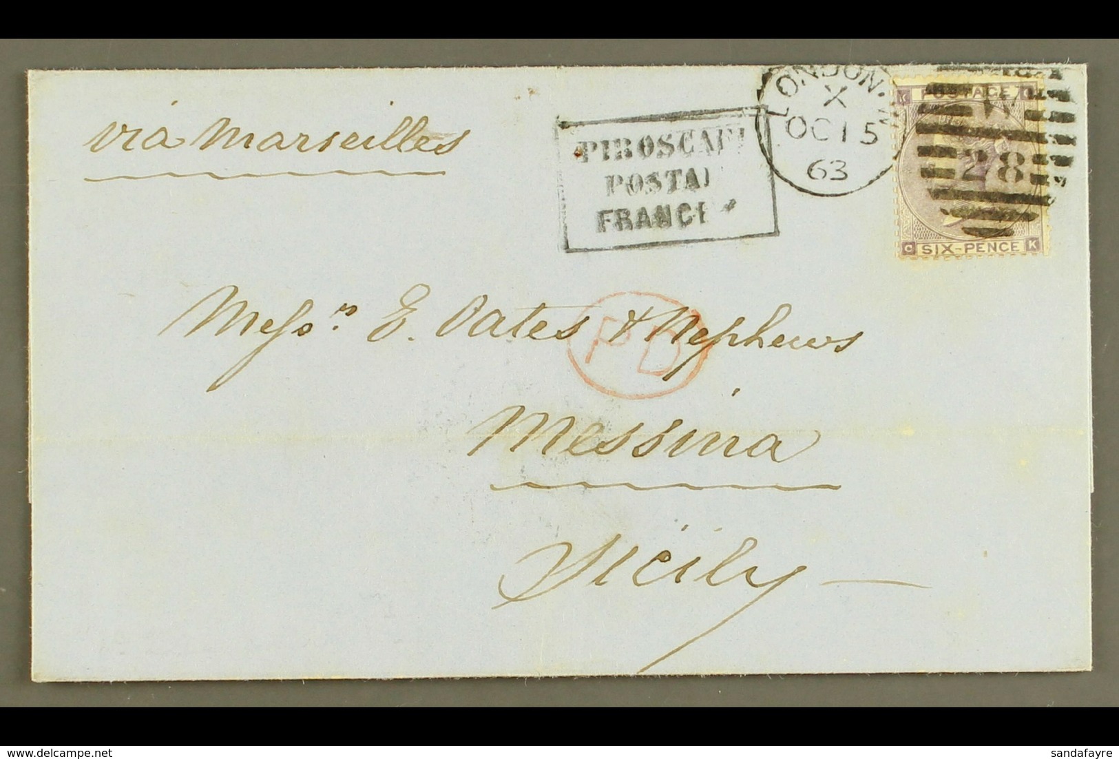 1863 (15 Oct) Entire From London To Messina, Sicily, Endorsed "Via Marseilles," Franked 1862-4 6d Lilac, SG 84, Fine Str - Other & Unclassified