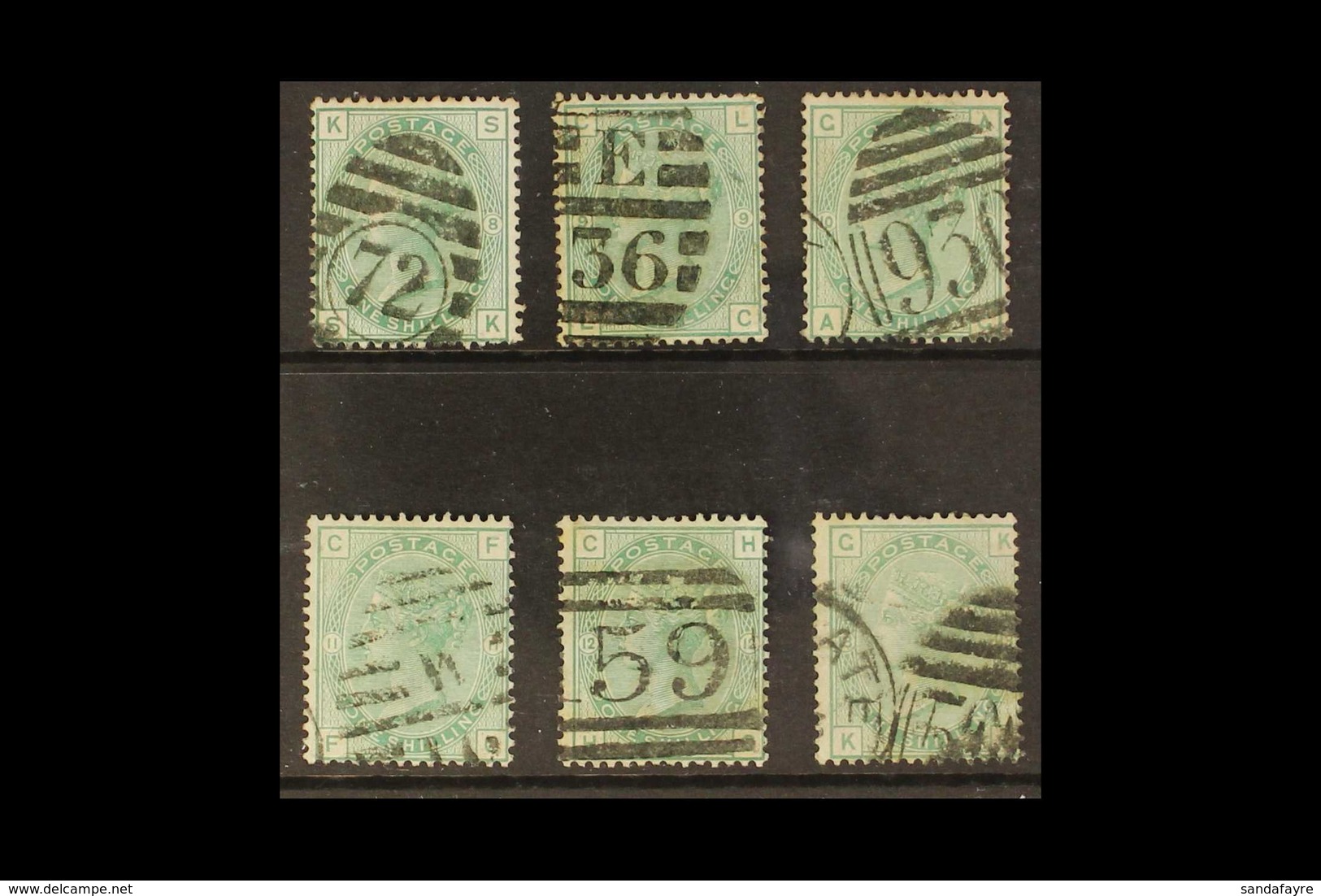 1873-80 1s Green, Plates 8 To 13 Complete, SG 150, Good Used, All With Full Perfs, cat.£1045 (6 Stamps). For More Images - Otros & Sin Clasificación