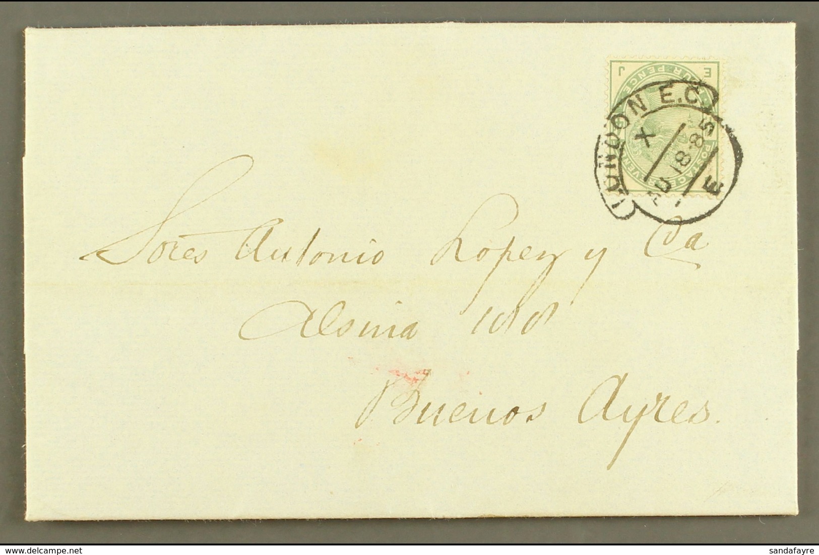 1885 (18 Aug) Entire To Buenos Aires, Franked 1883-84 4d Dull Green, SG 192, Nice Original Colour, Tied By Fine London H - Other & Unclassified