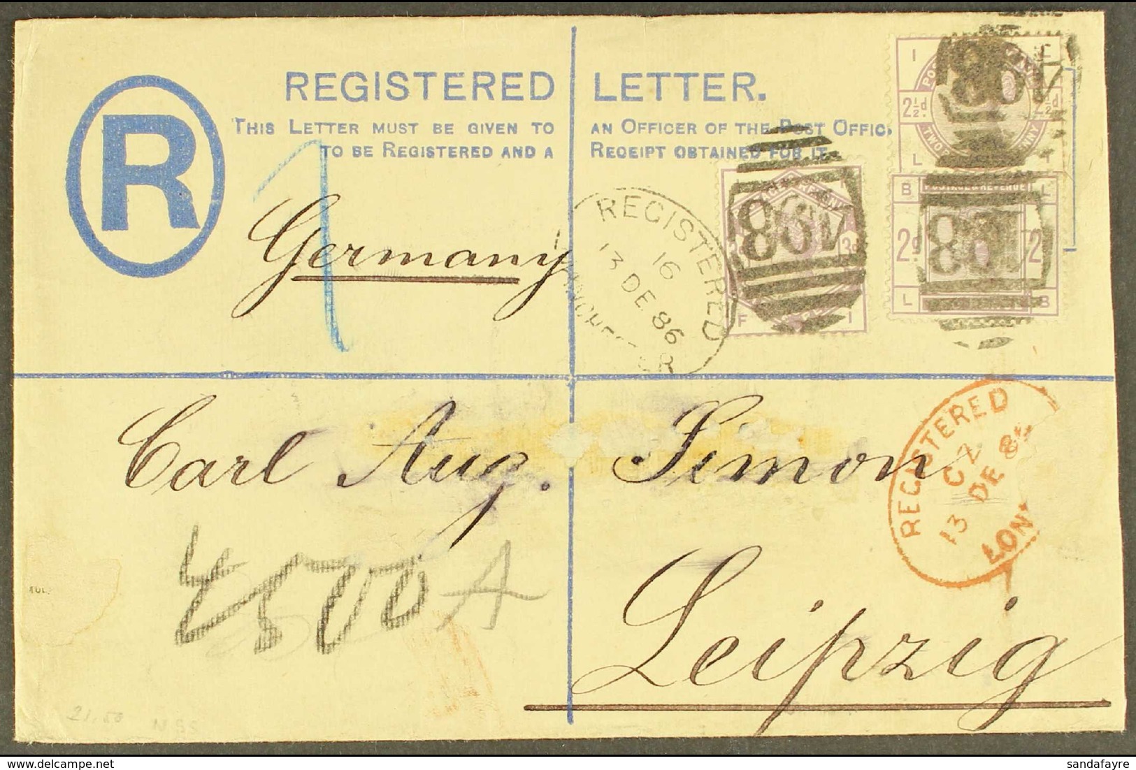 1886 (13 Dec) 2d Registered Stationery Env From Manchester To Leipzig Uprated With 1884 THREE VALUE, COMBINATION FRANKIN - Andere & Zonder Classificatie