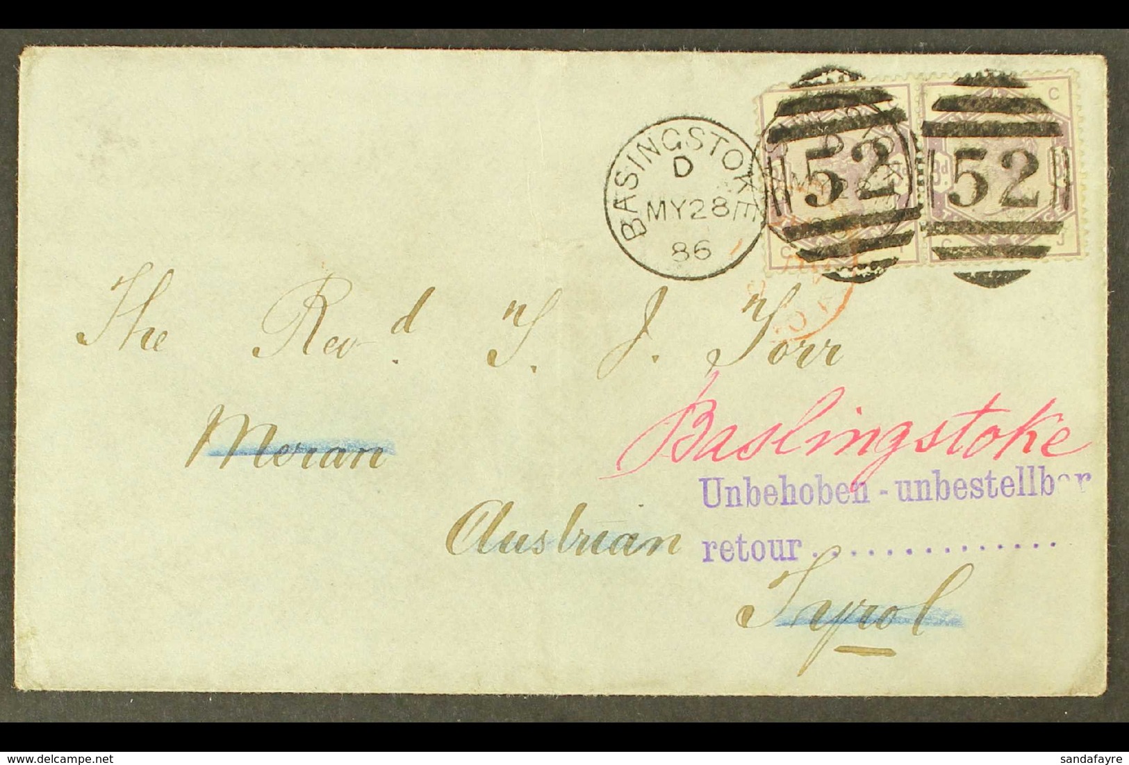 1886 (28 May) Env From Basingstoke To Austria Franked 1883-4 3d Lilac Pair, SG 191, Tied By Numeral Pmks, Austrian Recei - Other & Unclassified