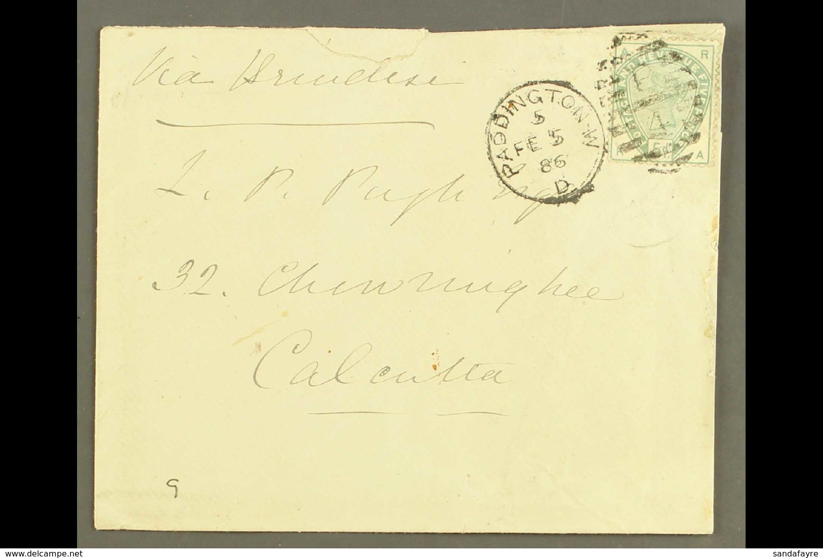 1886 (5 Feb) Env  To Calcutta, India, Franked 1883-84 5d Dull Green, SG 193, Paddington Duplex Cancel, Very Fine "SEA PO - Other & Unclassified