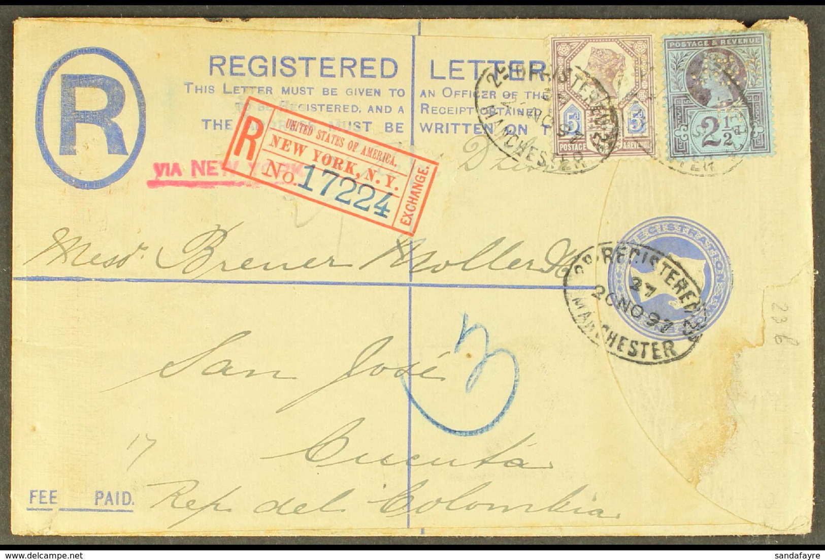 POSTAL HISTORY 1897 (20 Nov) 2d Registered Stationery Envelope, Franked QV 5d & 2½d Perfin Stamps, Sent From Manchester  - Otros & Sin Clasificación