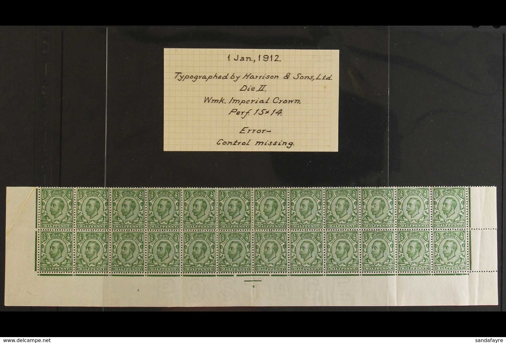 1912 MISSING CONTROL ERROR 1912 (1 Jan) ½d Green "Downey Head", Die II, SG 339, A Complete Mint Lower Marginal Strip Of  - Non Classificati