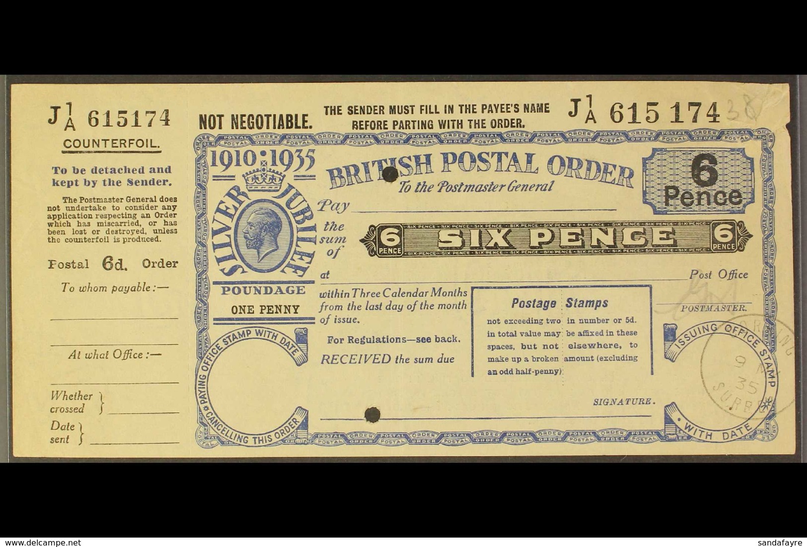 POSTAL ORDER 1935 Silver Jubilee 6d Postal Order With Full Counterfoil At Left, Two Security Punch Holes, "DORKING 9 MY  - Unclassified