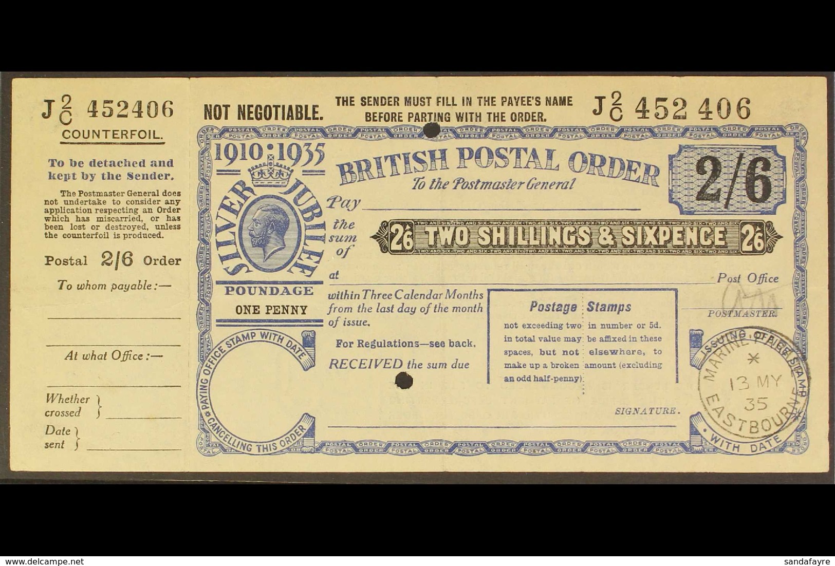 POSTAL ORDER 1935 Silver Jubilee 2s6d Postal Order With Full Counterfoil At Left, Two Security Punch Holes, "EASTBOURNE  - Unclassified