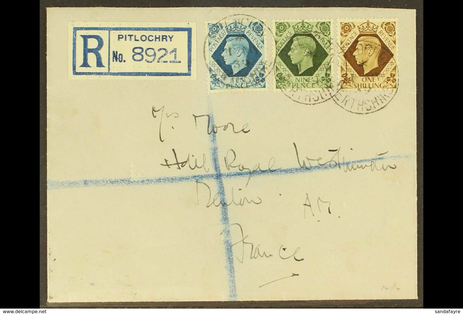 1939 (1st May) KGVI 9d Olive Green, 10d Turquoise Blue & 1s Bistre Brown, SG 473/4 & 476, On A  Pitlochry, Perthshire Re - FDC