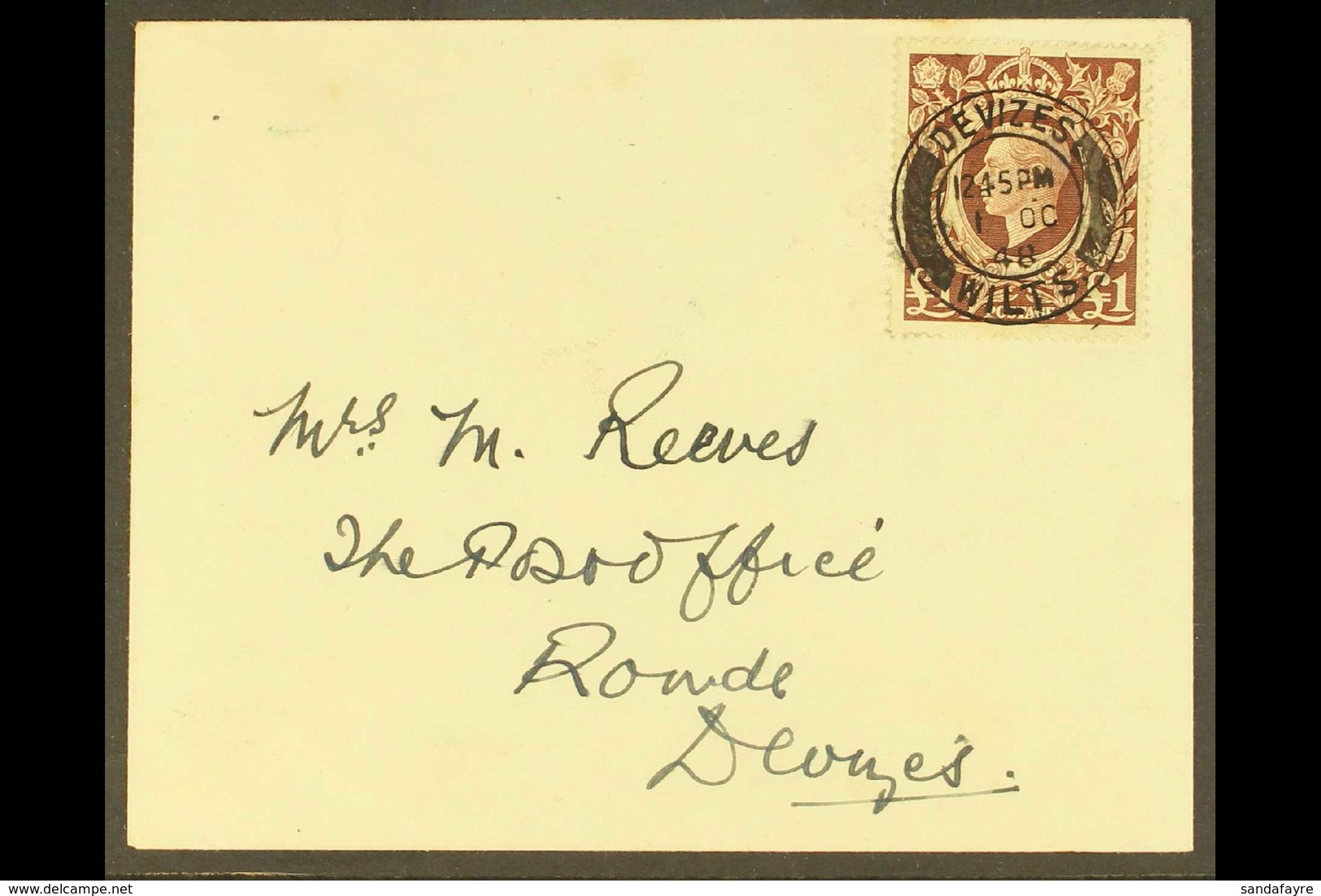 1948 £1 Brown, SG 478c, Single Franking On Plain Envelope, "DEVIZES 1 OC 48" FIRST DAY POSTMARK. Hand Written Address, C - FDC