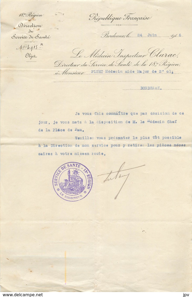 BORDEAUX 1916 - LETTRE SERVICE DE SANTE - 18e REGION AVEC CACHET - 1914-18