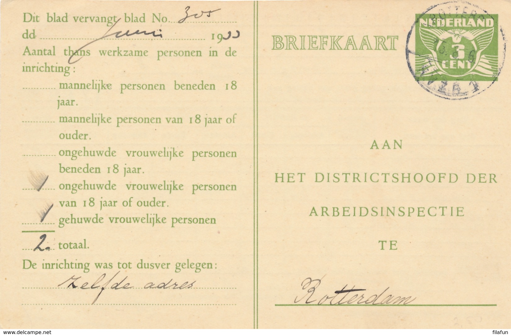 Nederland - 1936 - Langebalk Stempel Rotterdam / RVZB 1 (Sociale Verzekeringsbank) Op Arbeidslijstkaart - Poststempels/ Marcofilie