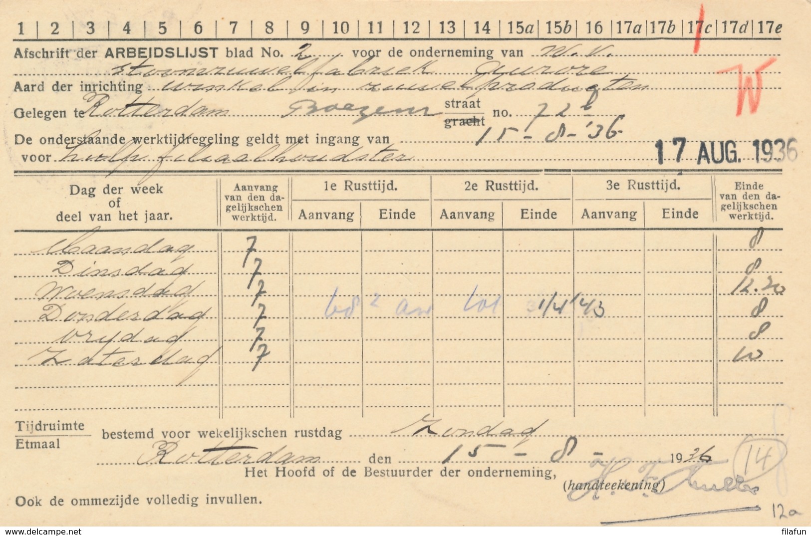 Nederland - 1936 - Langebalk Stempel Rotterdam / RVZB 1 (Sociale Verzekeringsbank) Op Arbeidslijstkaart - Poststempels/ Marcofilie