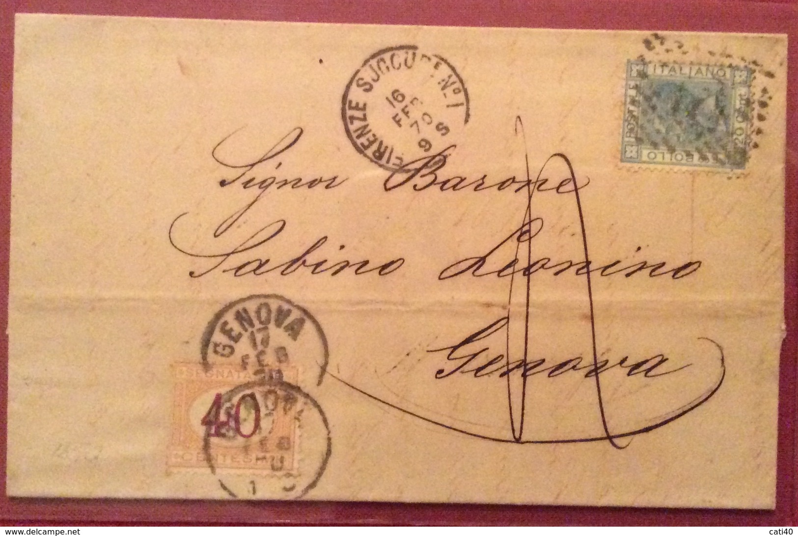 SEGNATASSE 40 C.GENOVA 17/2/1870 SU LETTERA DA FIRENZE  UNA DELLE PRIME DATE D'USO  NOTE A GENOVA - Storia Postale