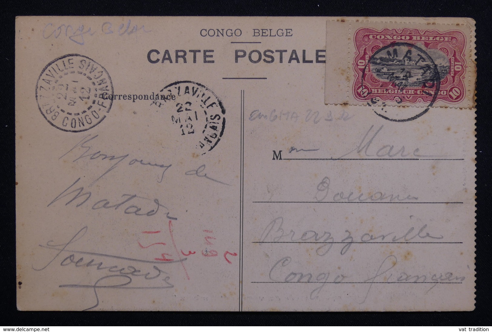 CONGO BELGE - Affranchissement De Matadi  Sur Carte Postale De Boma Pour Brazzaville En 1912 -  L 20972 - Cartas & Documentos