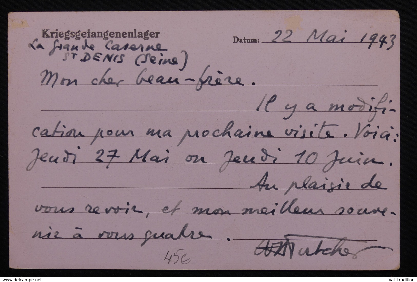 FRANCE - Carte En FM De Stalag De St Denis Pour Paris En 1943 -  L 20978 - Guerre De 1939-45