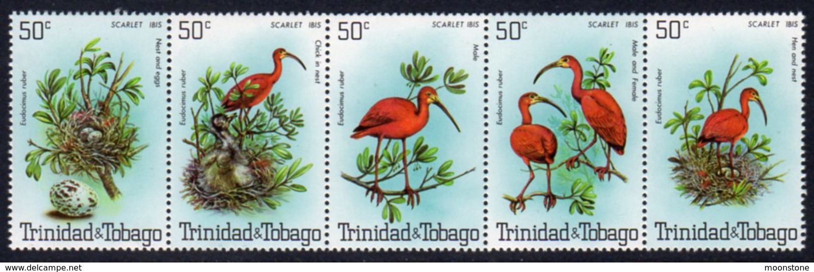 Trinidad & Tobago 1980 Scarlet Ibis Bird Strip Of 5, MNH, SG 563/7 - Trinidad & Tobago (...-1961)