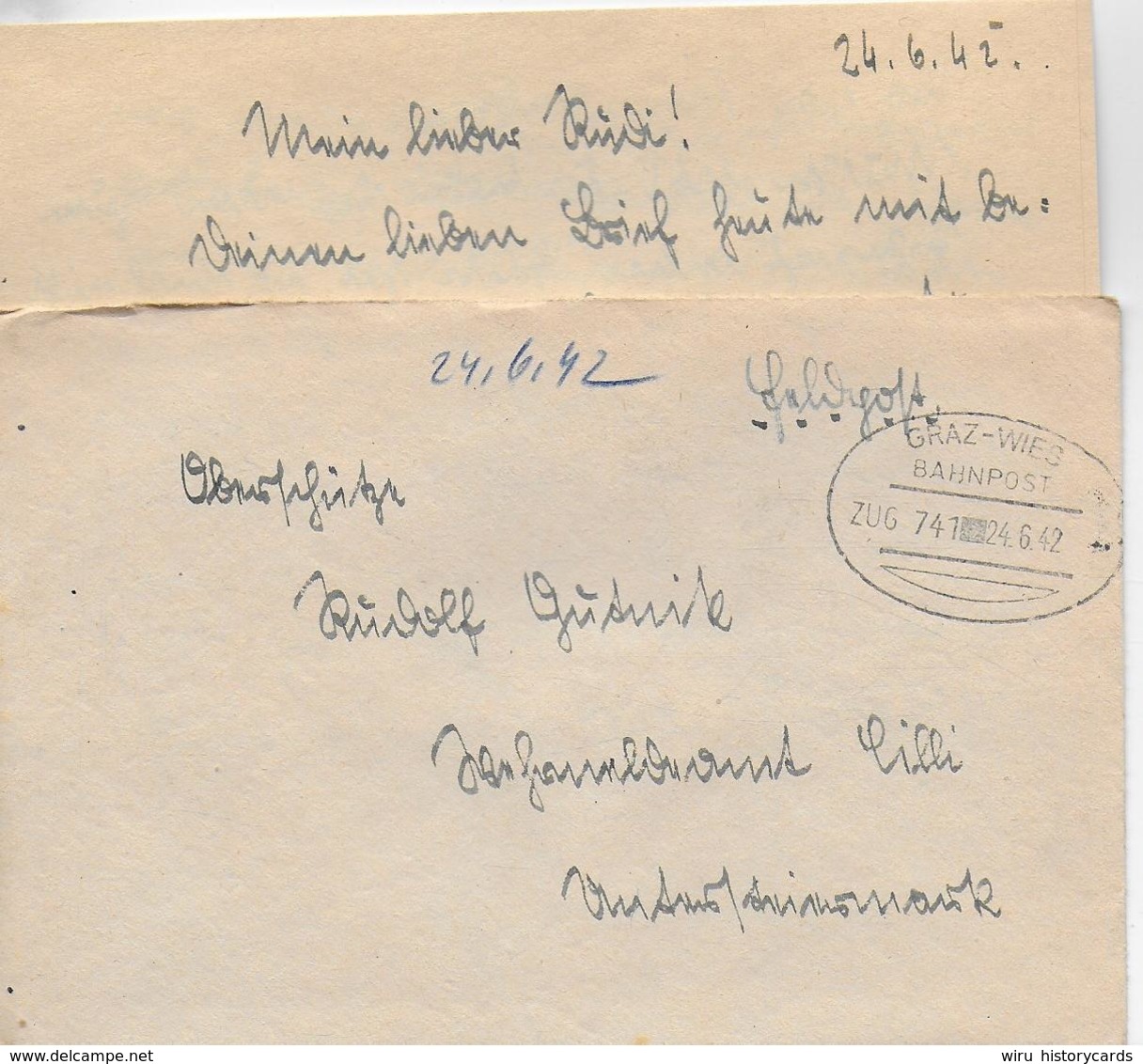 WZ L 1  Feldpost Von Deutschlandsberg Nach Wehrmeldeamt Cilli / Bahnpost Graz-Wies Am 24. 6. . 42 - Briefe U. Dokumente