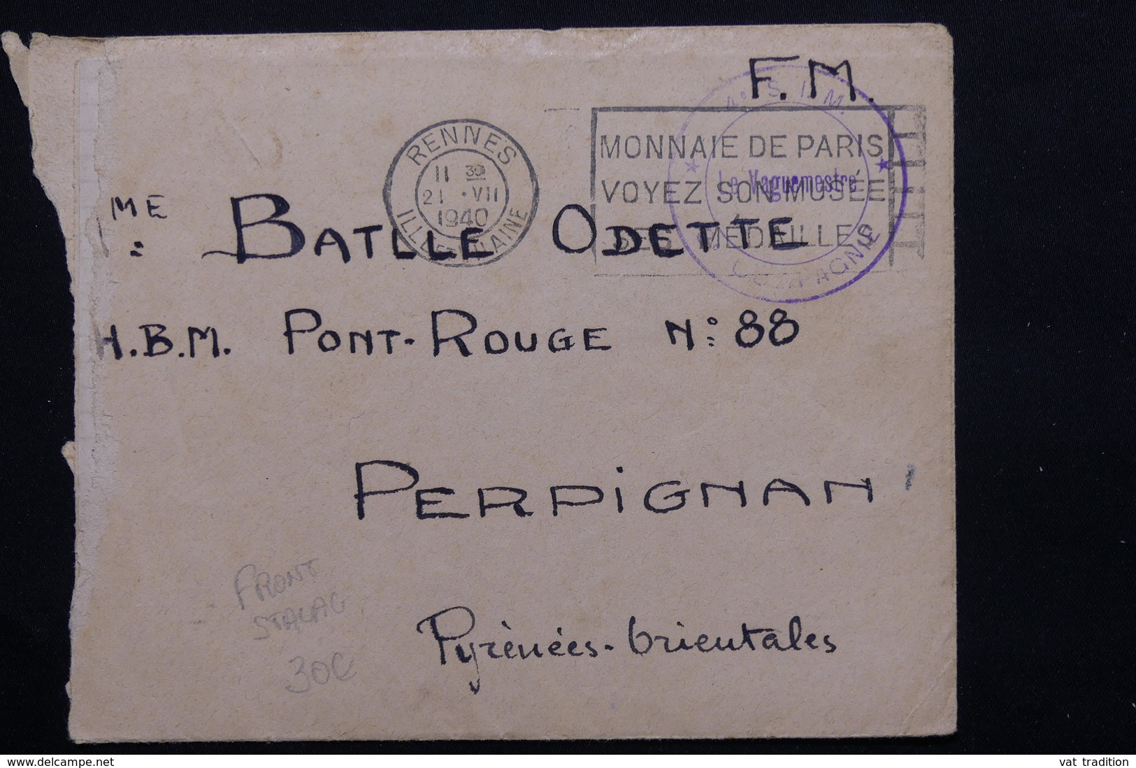 FRANCE - Enveloppe En FM Du Camp Marguerite N° 2 De Rennes Pour Perpignan En 1940 -  L 20983 - Guerre De 1939-45