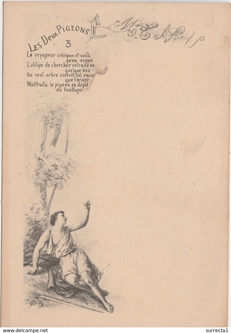 Menu " Les Deux Pigeons" / N°3 / Fable La Fontaine / Illustrateur Greux - Menus