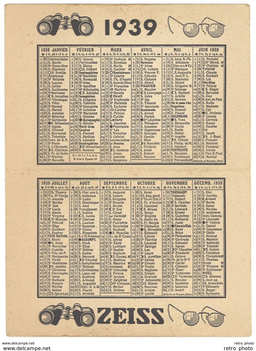 Calendrier 1939 Optique Zeiss Punktal // Vercasson , Saint-Etienne ( Jumelles, Lunettes ) - Petit Format : 1921-40