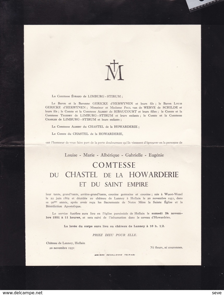 HOLLAIN HOWARDRIES Louise-Marie Comtesse Du CHASTEL De La HOWARDERIE 1862-1951 Wuest-Wezel Château De Lannoy à Hollain - Décès