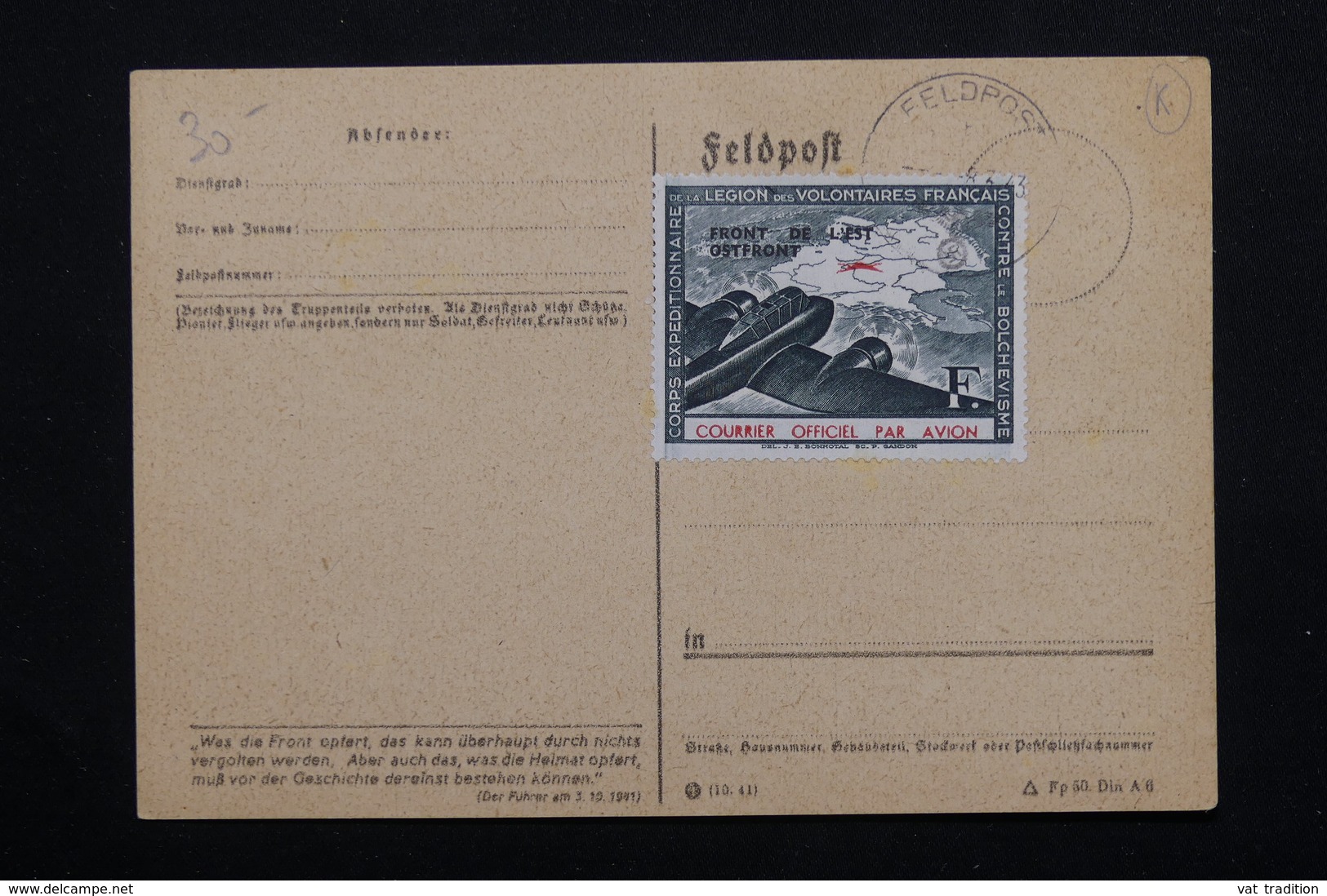 FRANCE / ALLEMAGNE - Carte LVF Non Circulé , Affranchissement Timbre LVF -  L 20995 - Guerre De 1939-45