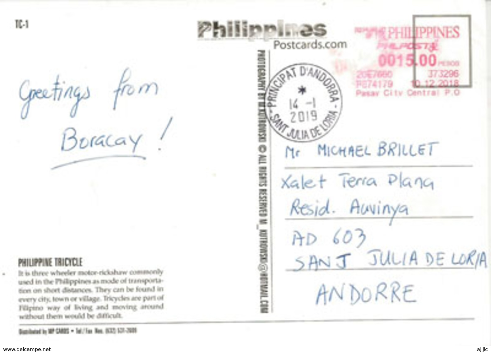Philippine Tricycle, Postcard Sent To Andorra, With Arrival Postmark - Philippines
