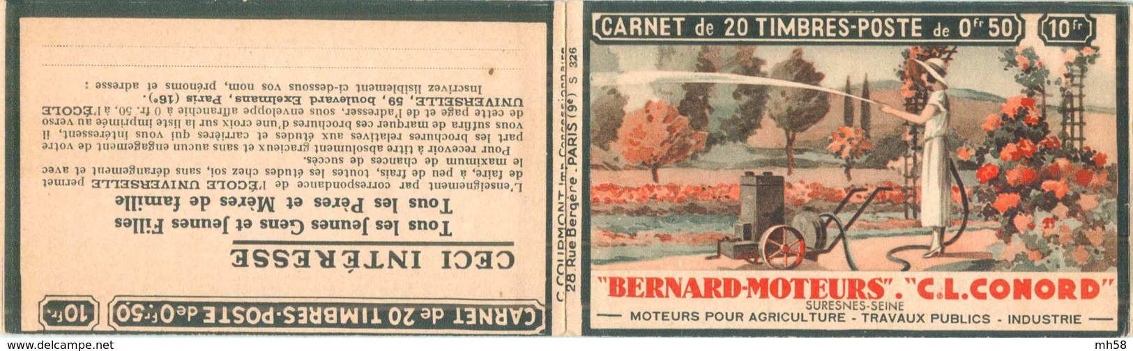 FRANCE - Carnet Série 326 Couverture Vide Bernard Moteurs Conord - 50c Paix Rouge IIA - YT 283 C… - Autres & Non Classés