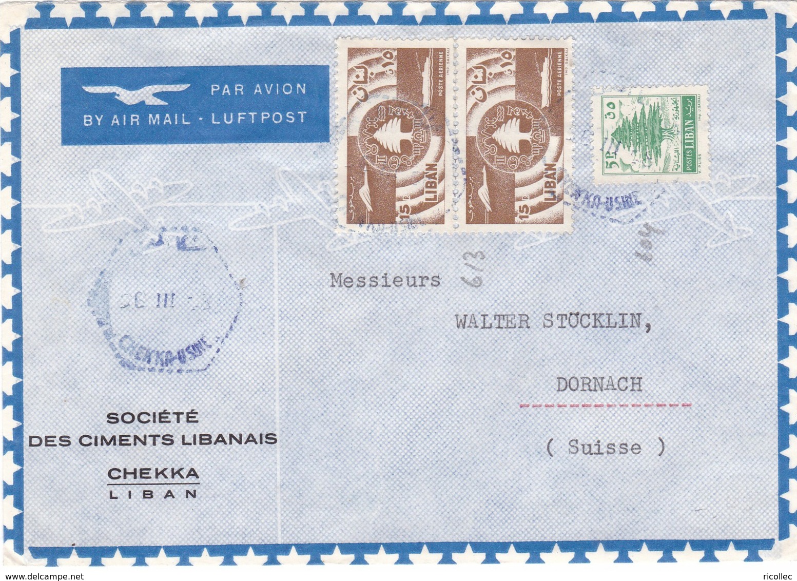 Cover Sent From Chekka Usine Lebanon To Switzerland 1958 Liban - Lebanon