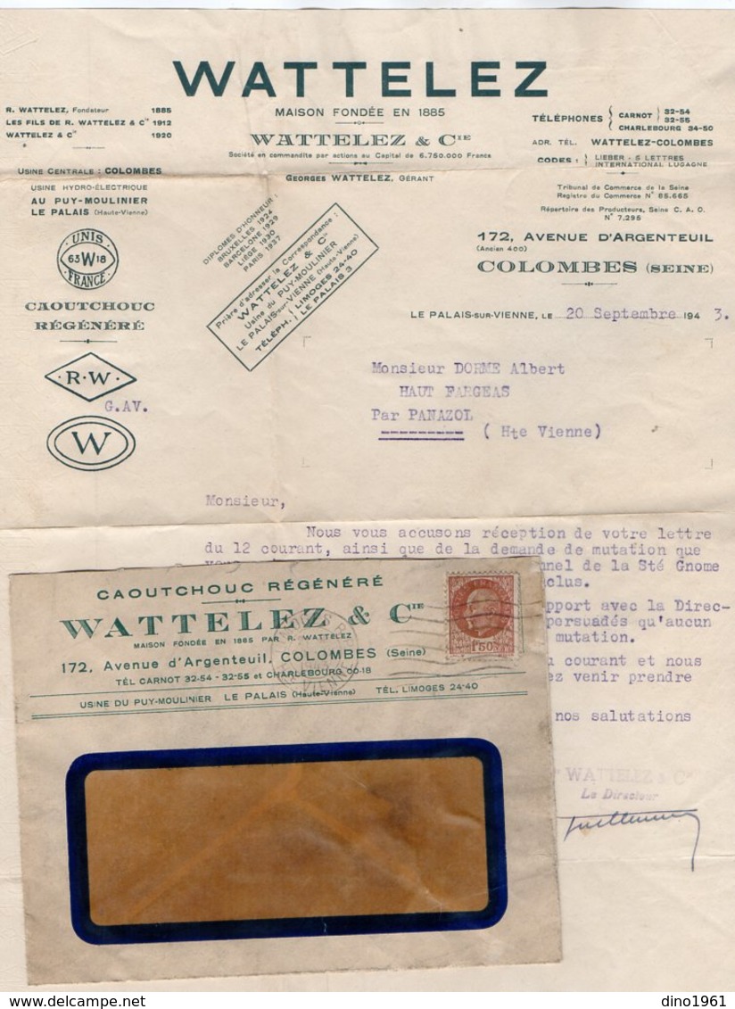 VP14.243 - Enveloppe & Lettre - Caoutchouc Régénéré WATTELEZ & Cie à COLOMBES ( Seine ) - 1900 – 1949