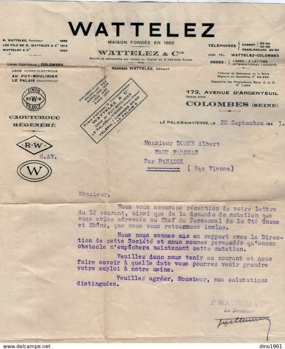 VP14.243 - Enveloppe & Lettre - Caoutchouc Régénéré WATTELEZ & Cie à COLOMBES ( Seine ) - 1900 – 1949