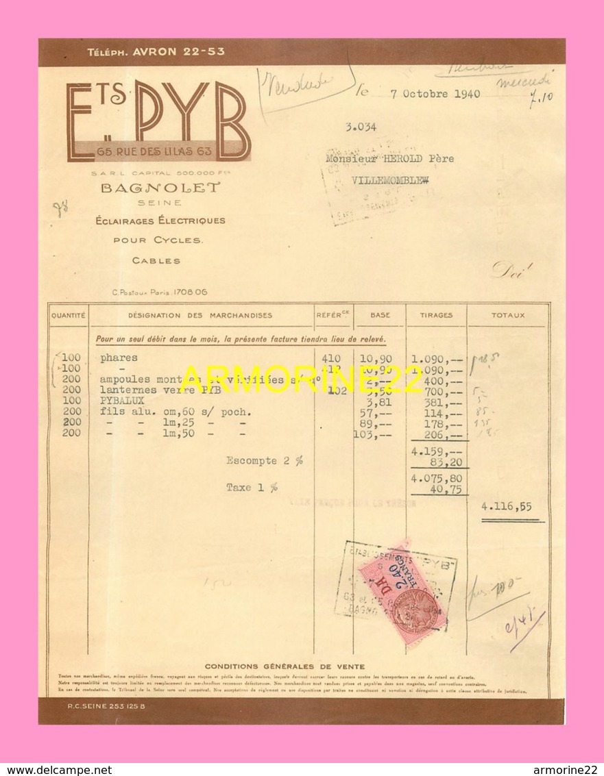 FACTURE  Des Ets PYB  Bagnolet - Petits Métiers