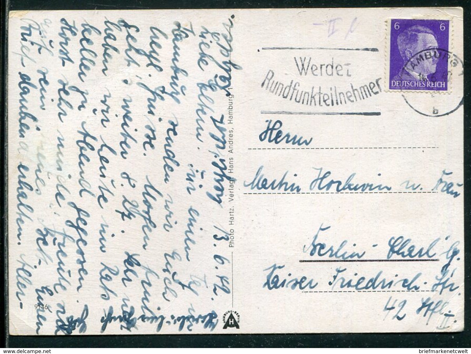 Deutsches Reich / 1942 / Masch.-Stempel Hamburg "Werdet Rundfunkteilnehmer" A. AK (Hamburg-Alsterkarkaden) (5/395) - Maschinenstempel (EMA)