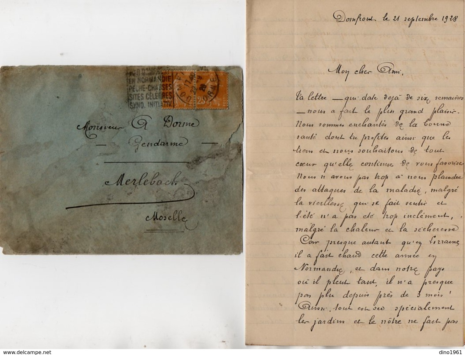 VP14.246 - DOMFRONT 1928 - Lettre De Mr L. GRAVELLE Pour Mr A. DORME Gendarme à MERLEBACH - Récit - Manuscrits